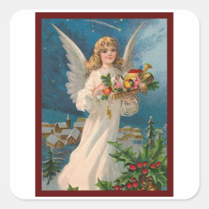 Sticker Carré Ange avec cadeaux - Noël Vintage
