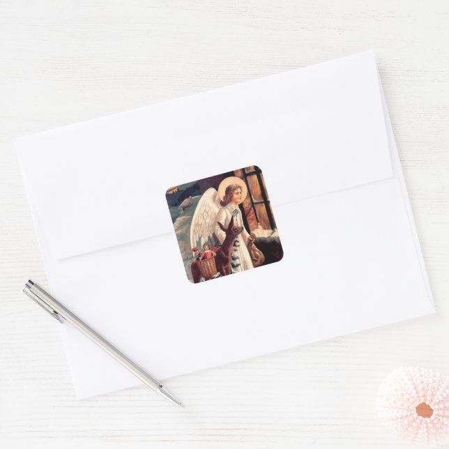 Sticker Carré Ange de Noël avec chevalet de cerf (Enveloppe)