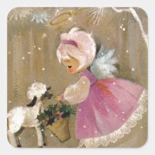 Sticker Carré Ange de Noël Vintage Avec Agneau