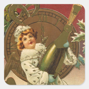 Sticker Carré Ange du Nouvel An vintage victorien au Champagne