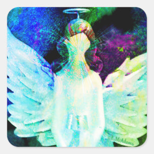 Sticker Carré Angel Aquarelle Vert Bleu Ailes Halo Art