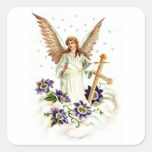 Sticker Carré Angel Avec Croix Et Fleurs Clematis