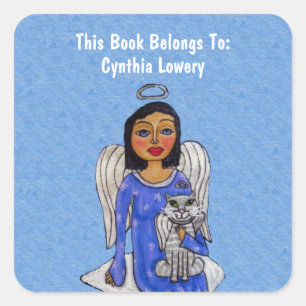 Sticker Carré Angel tenant Chat Blanc Angel Robe Bleue Nuage