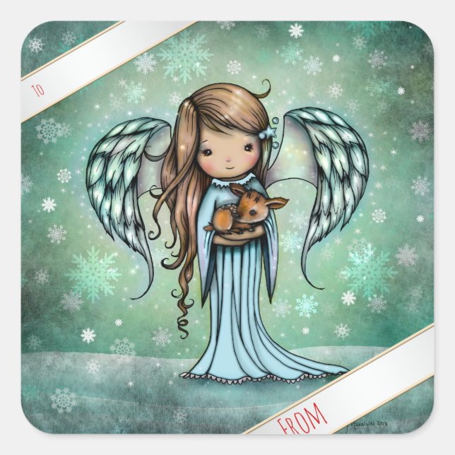 Sticker Carré Angel tenant Fawn Illustrated Art (Devant)