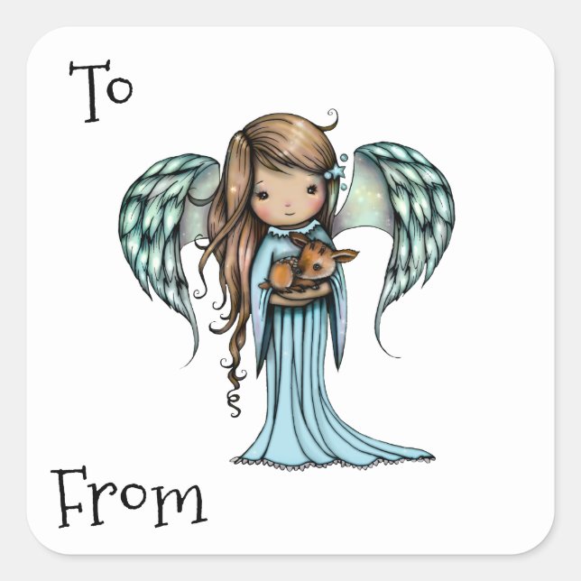 Sticker Carré Angel tenant Fawn Illustrated Art (Devant)
