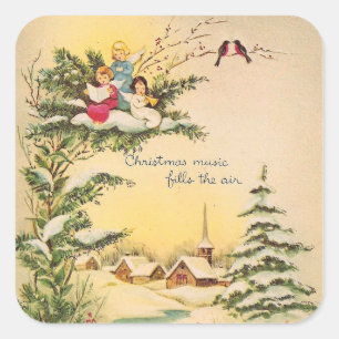 Sticker Carré Anges De Noël Vintage Dans L'Arbre
