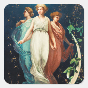 Sticker Carré Anges de Noël Vintage Star et Crescent Moon