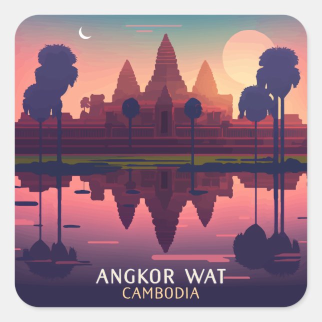 Sticker Carré Angkor Wat Sunrise Cambodge Siem Reap Retro (Devant)