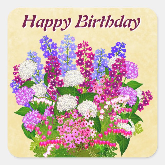 Sticker Carré Anglais Fleurs de Jardin Happy Anniversaire Sticke (Devant)