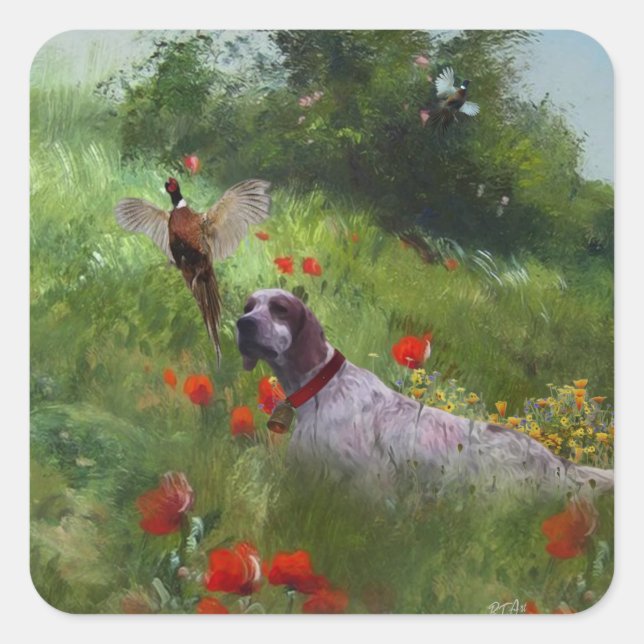 Sticker Carré Anglais Setter, Chasse de faisan (Devant)