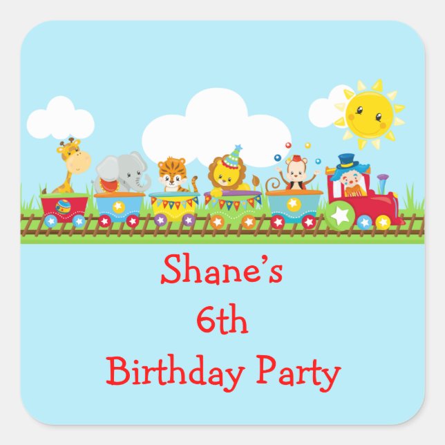 Sticker Carré Animal Circus Train Kids Birthday in Red (Devant)