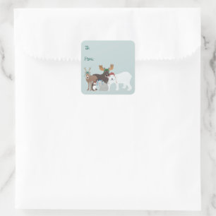 Sticker Carré Animaux arctiques en hiver Casquette Noël à De