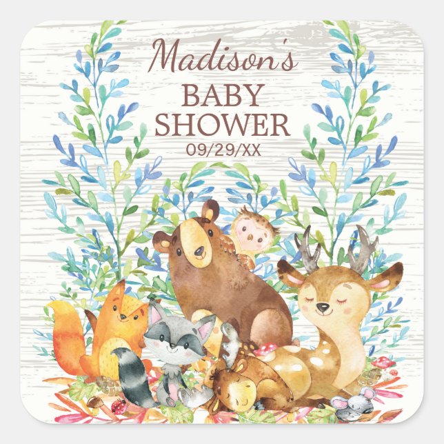 Sticker Carré Animaux de bois Baby shower neutre Favoriser l'aut (Devant)