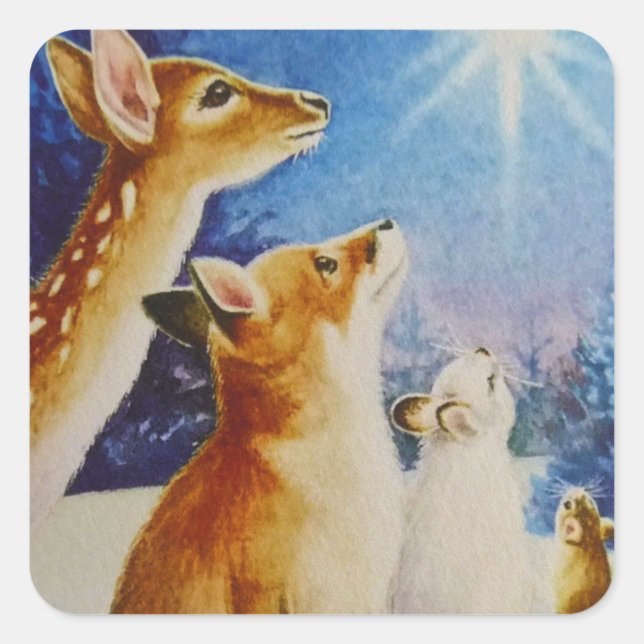 Sticker Carré Animaux de bois Voir Noël Star Aquarelle Art (Devant)