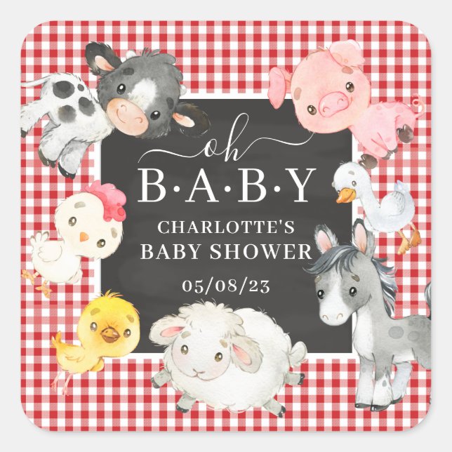 Sticker Carré Animaux de ferme Baby shower Favoriser (Devant)