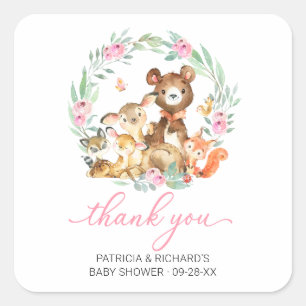 Sticker Carré Animaux de la forêt Verdure Baby Shower Remercieme