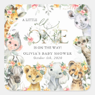 Sticker Carré Animaux de la jungle, Safari, Fleurs, Baby shower