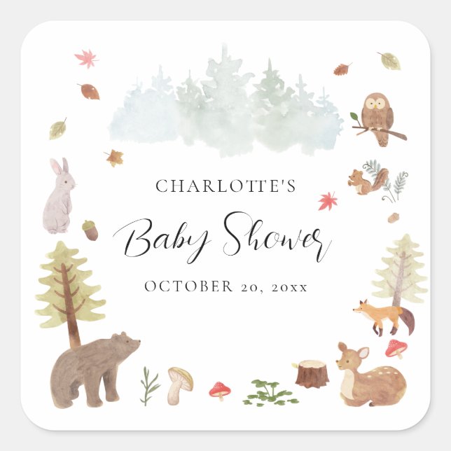 Sticker Carré Animaux des bois Baby shower d'automne d'automne (Devant)