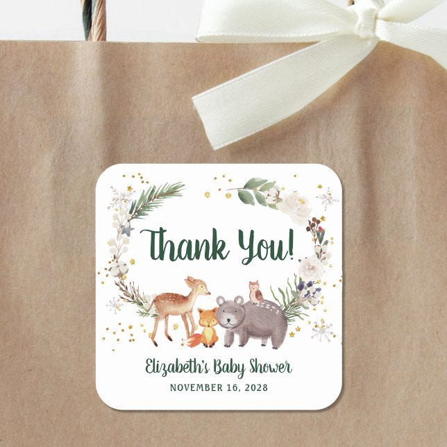Sticker Carré Animaux des bois Baby shower d'hiver Merci (Créateur téléchargé)