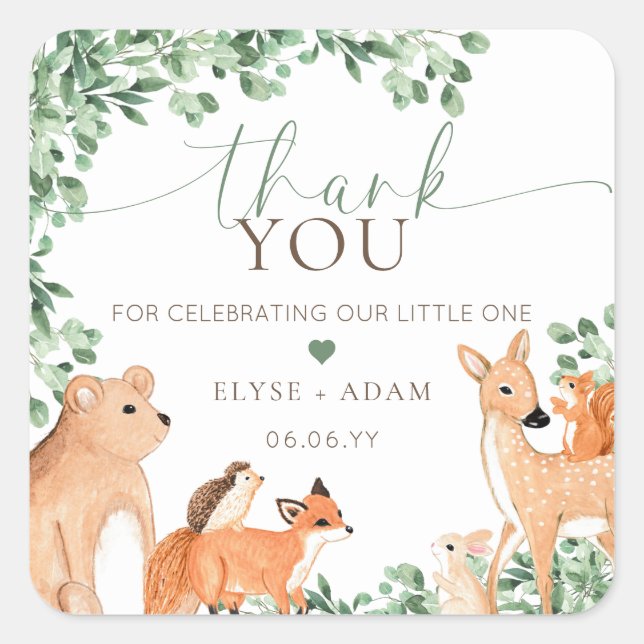Sticker Carré Animaux des bois Baby shower vert Merci (Devant)