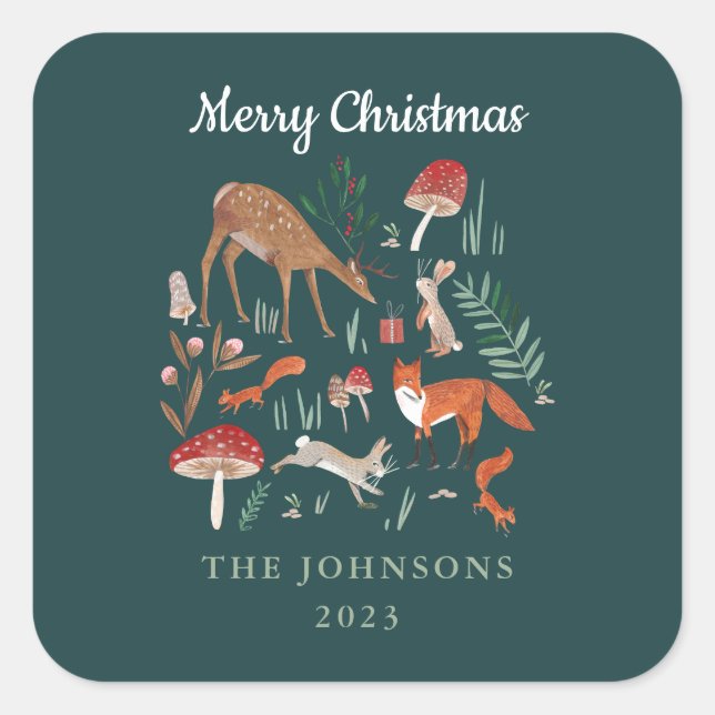 Sticker Carré Animaux des bois Noël vert (Devant)