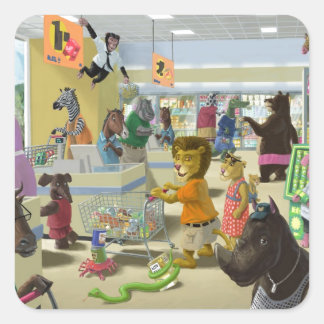 Sticker Carré animaux faisant leurs courses au supermarché