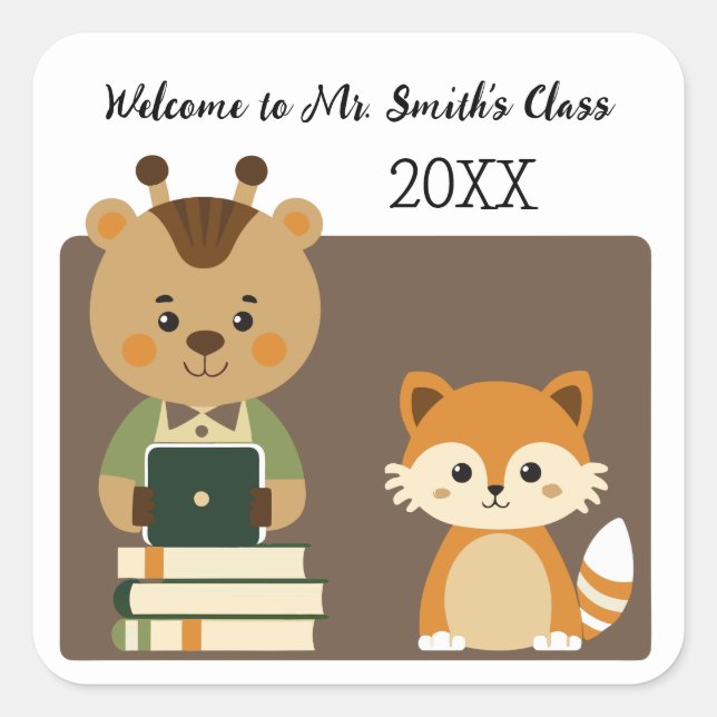 Sticker Carré Animaux mignons Bienvenue à l'enseignant de classe (Devant)