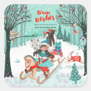 Sticker Carré Animaux mignons Hiver Merveilleuse Forêt forestièr