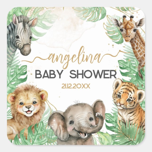Sticker Carré Animaux Safari Baby shower de verdure tropicale (Devant)