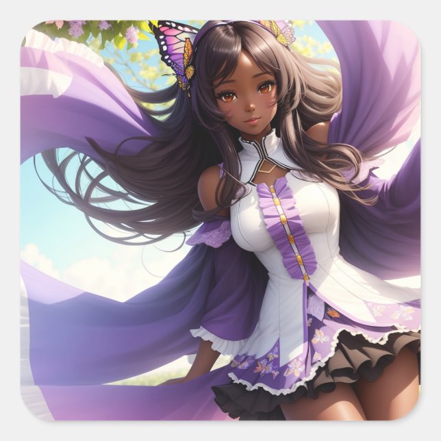 Sticker Carré Anime Black Girl Purple Animecore (Devant)