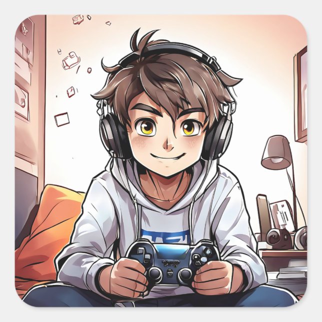 Sticker Carré Anime Boy Jouer à des jeux vidéo (Devant)