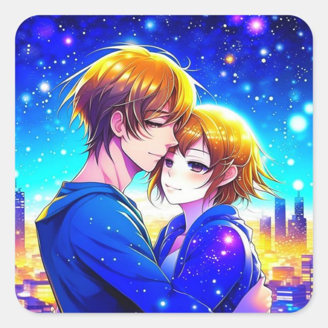 Sticker Carré Anime Couple Cuddin avec vue sur la ville (Devant)