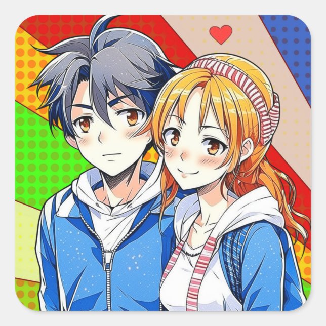 Sticker Carré Anime garçon et fille couple avec coeur (Devant)
