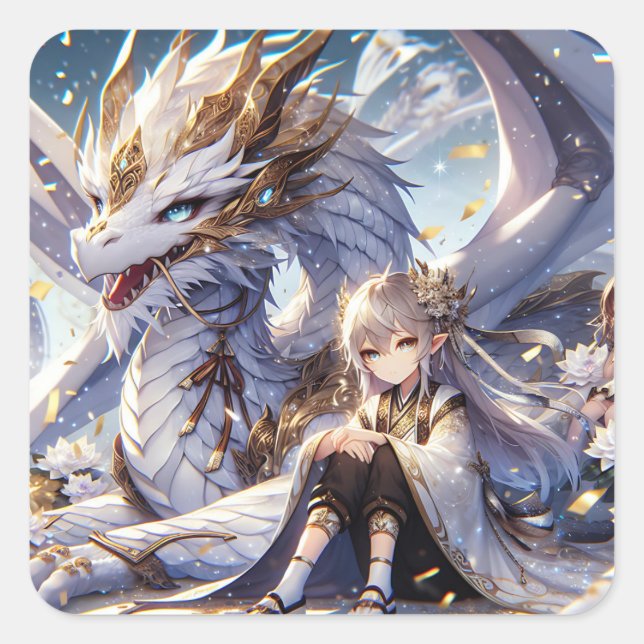 Sticker Carré Anime Girl et Dragon blanc et or (Devant)