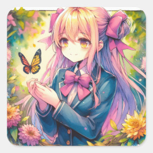 Sticker Carré Anime Girl et papillon Ai Art