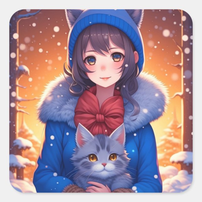 Sticker Carré Anime Girl et un Kitten Noël d'hiver (Devant)
