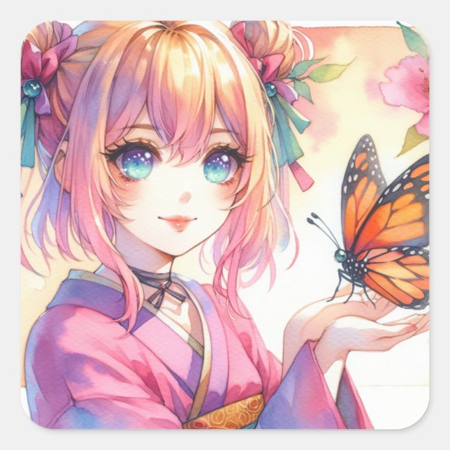 Sticker Carré Anime Girl Holding a Butterfly Ai Art (Devant)