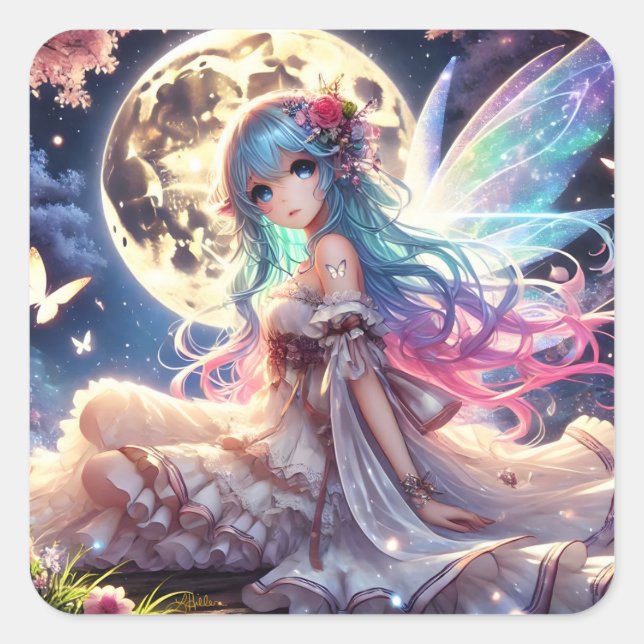 Sticker Carré Anime Girl Moon Fairy Princesse dans le jardin (Devant)