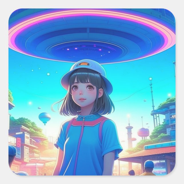 Sticker Carré Anime Girl sous un OVNI dans la ville (Devant)