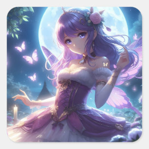 Sticker Carré Anime Girl Violet Papillon Aile Lune Fée