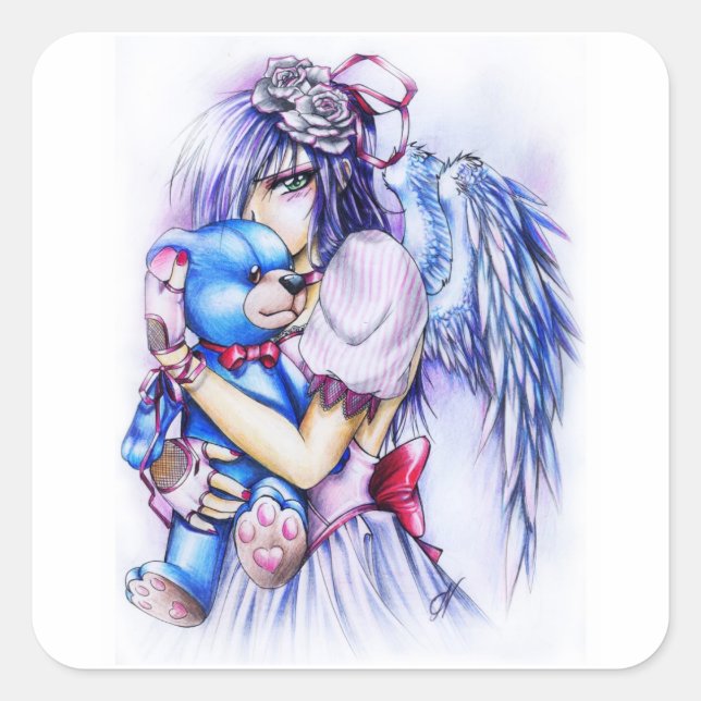 Sticker Carré Anime Gothique Rose Angel Girl Avec Teddy (Devant)