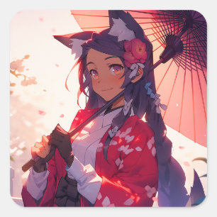 Sticker Carré Anime Kitsune Girl Cute Fox Imaginaire Art