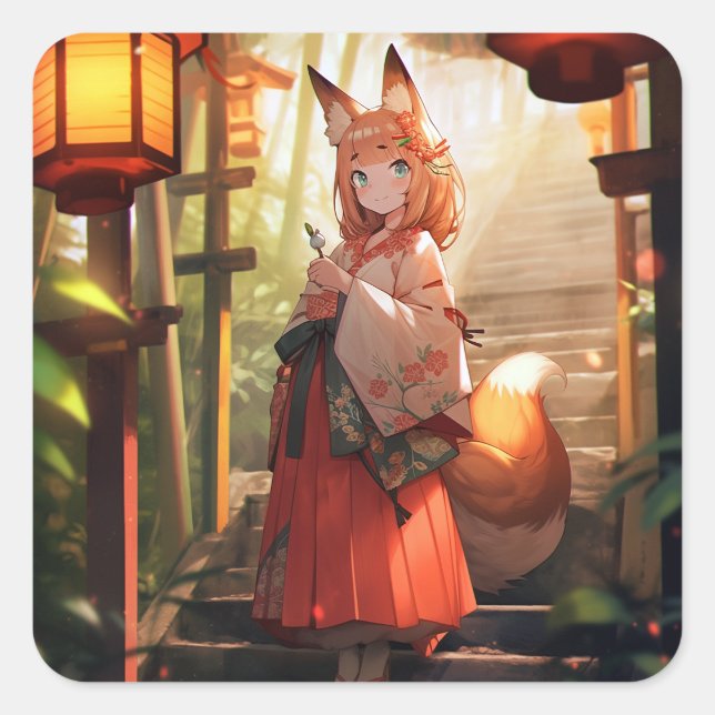 Sticker Carré Anime Kitsune Girl Cute Fox Imaginaire Art (Devant)