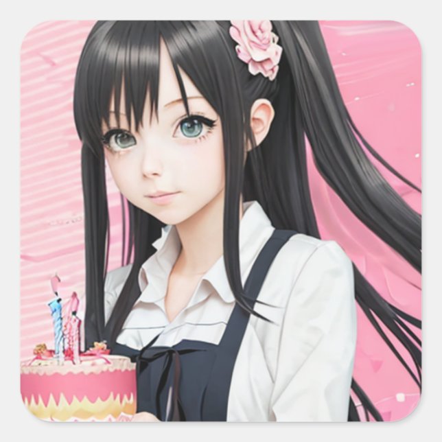 Sticker Carré Anime rose et noir fille et gâteau d'anniversaire (Devant)