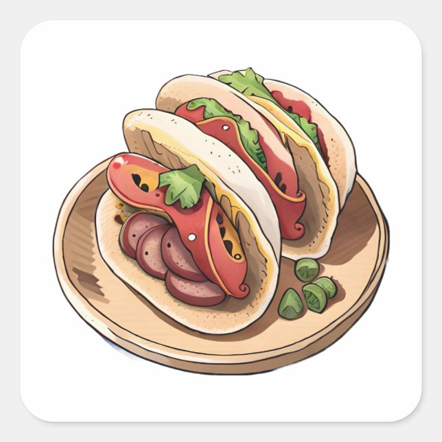 Sticker Carré Anime Style Aquarelle Clip Art Mexicain Taco (Devant)