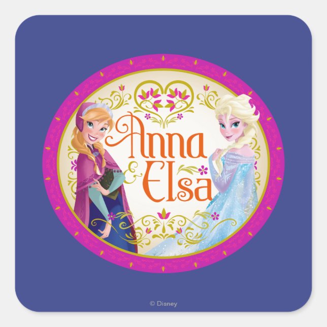 Sticker Carré Anna et Elsa | Cadre floral (Devant)