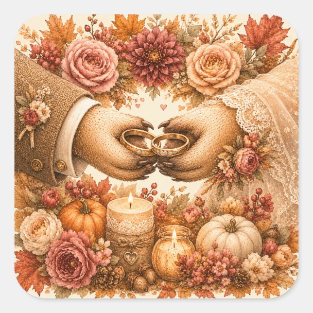 Sticker Carré Anneaux de mariage de hérisson mignon automne coup (Devant)
