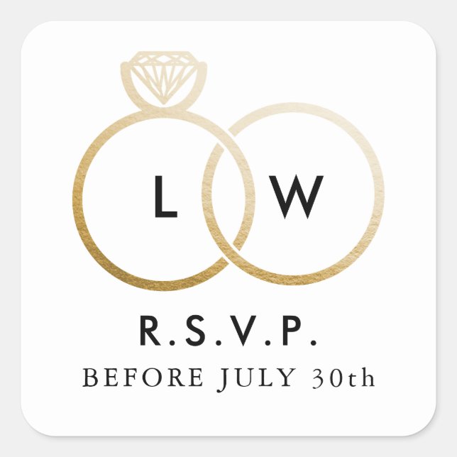 Sticker Carré Anneaux de Mariage d'or modernes RSVP Réponse (Devant)