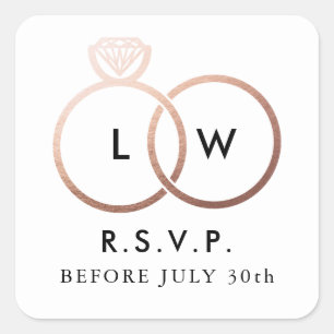 Sticker Carré Anneaux de Mariage or Rose moderne RSVP Réponse