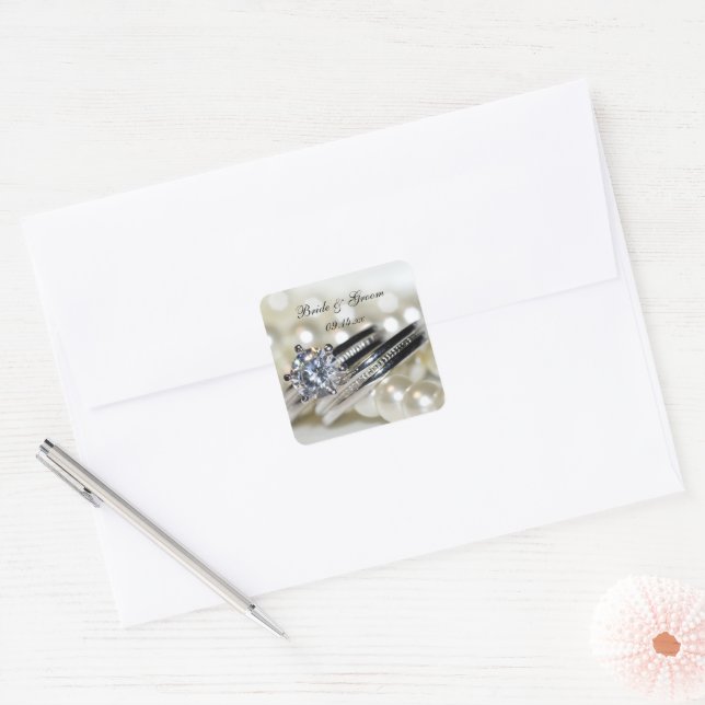 Sticker Carré Anneaux et perles blanches Mariage Enveloppe Phoqu (Enveloppe)